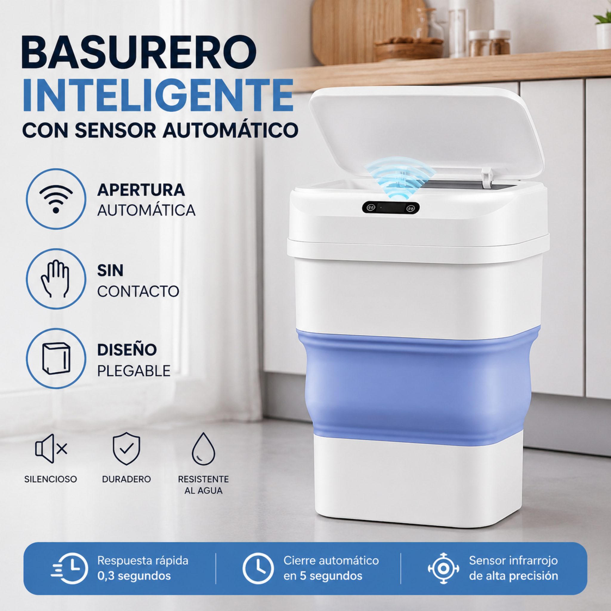 FlexiSense™ ⭐⭐⭐⭐⭐  Basurero Inteligente Plegable con Sensor Automático.